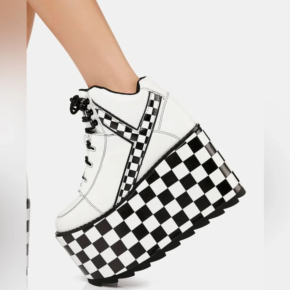 YRU Qozmo Checker Platform Sneakers in black and white vegan leather 8